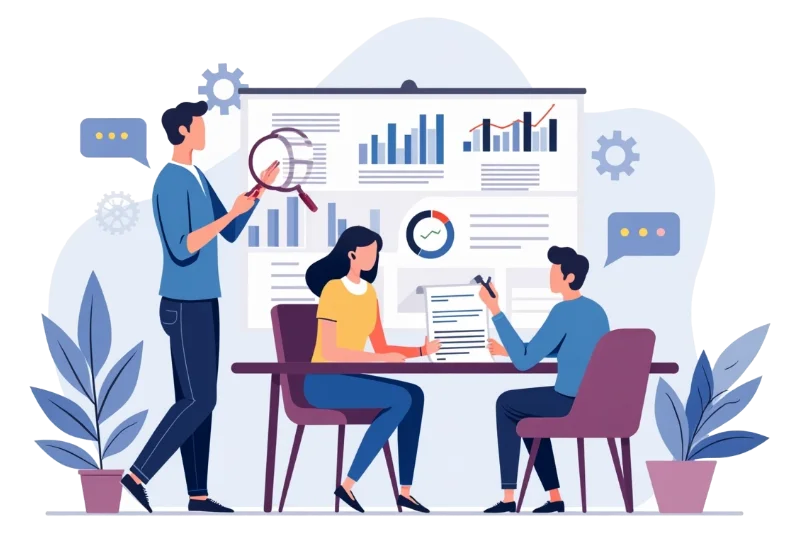 Illustration of people reviewing systems and project information